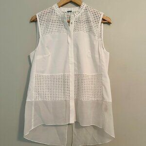 Ellie Tahari Sleeveless Top Cutout Eyelet Button Front Shirt - Medium